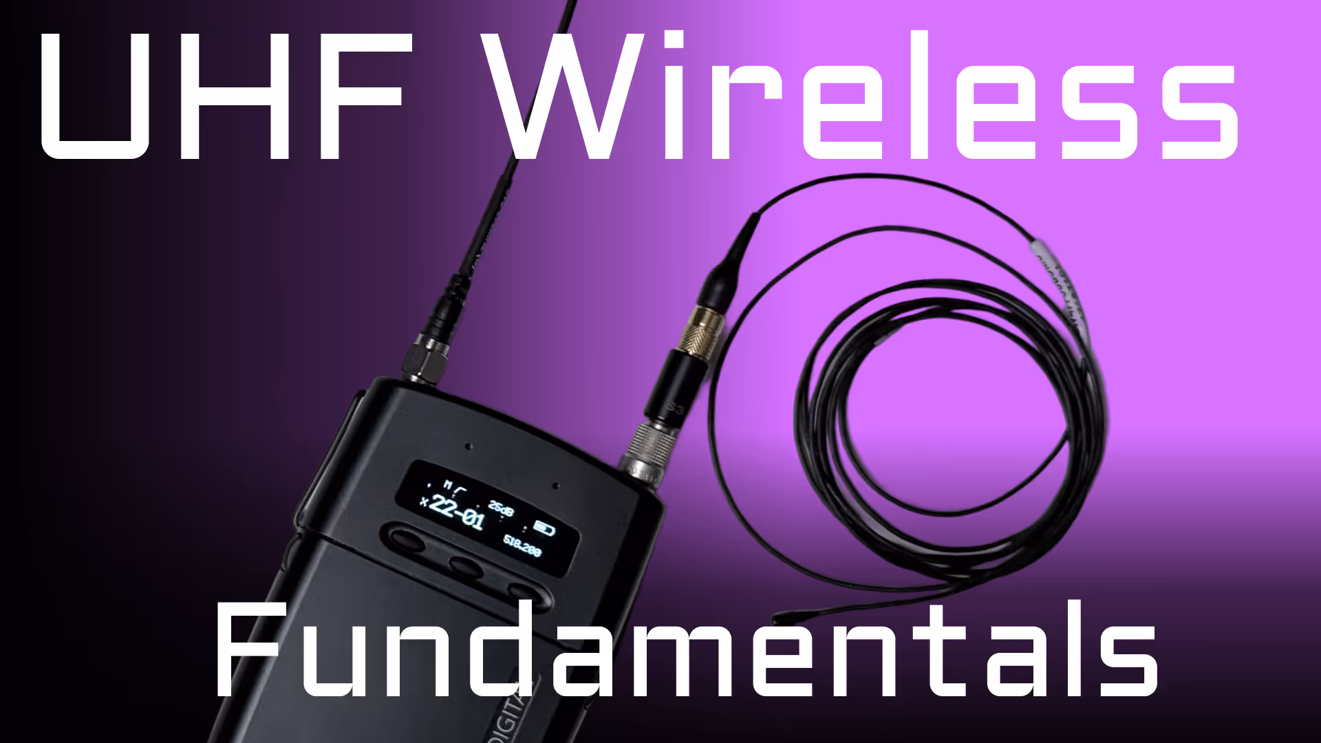 Photo of a UHF wireless microphone transmitter and lavalier microphone