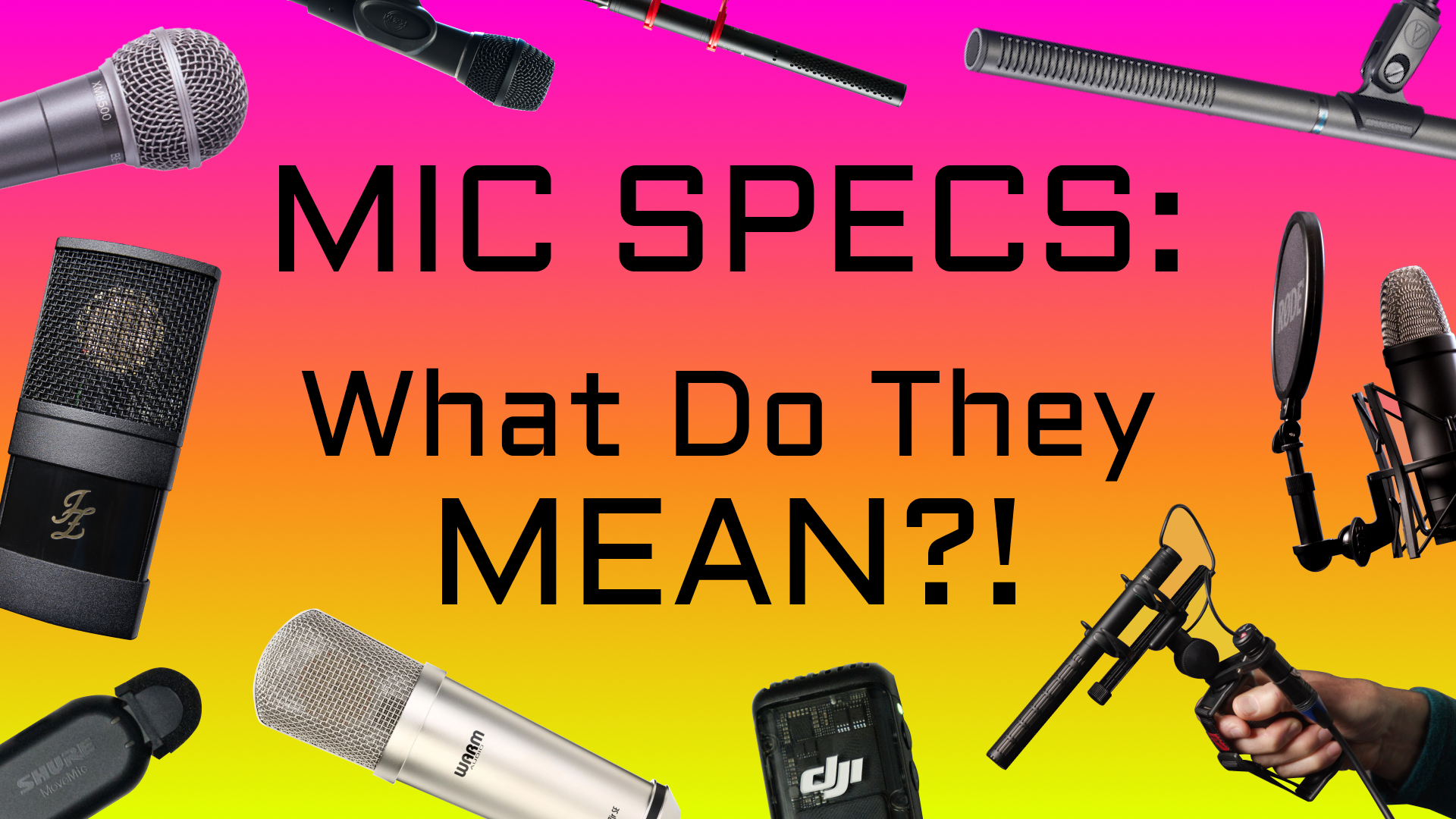 A variety of shotgun, lavalier, wireless, dynamic, and condenser microphones are scattered against a tropical gradient background to demonstrate the wide variety of microphone types available for different recording purposes.