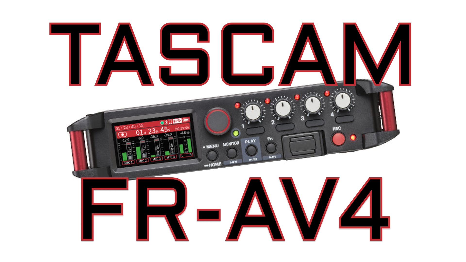 A Tascam FR-AV4 recorder is pictured at a jaunty angle on a field of white, with tech-style block letters announcing its name.