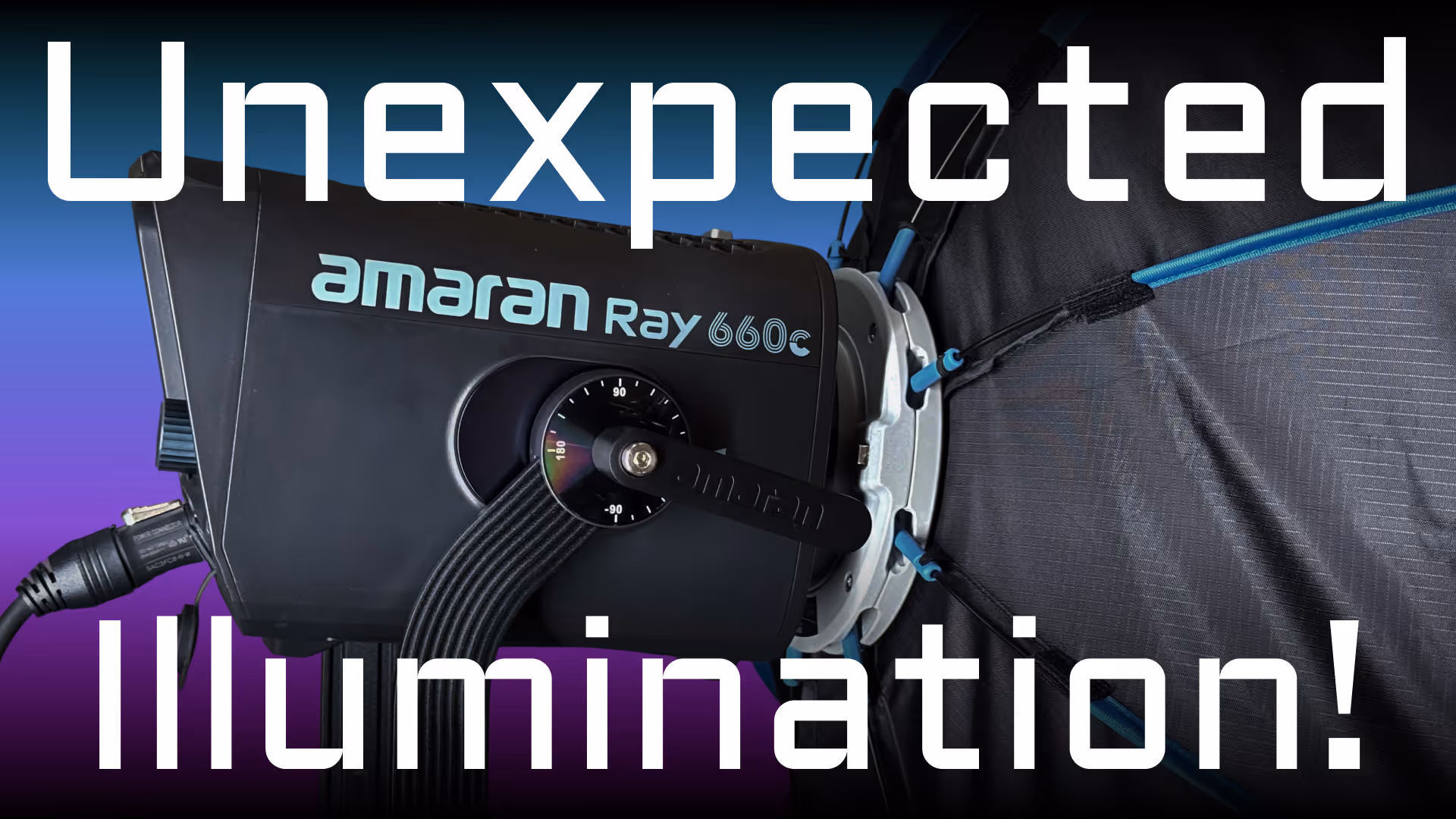 The Amaran 660c LED light fixture is pictured against a blue-to-purple gradient background. A round soft box is attached to the front of the light.