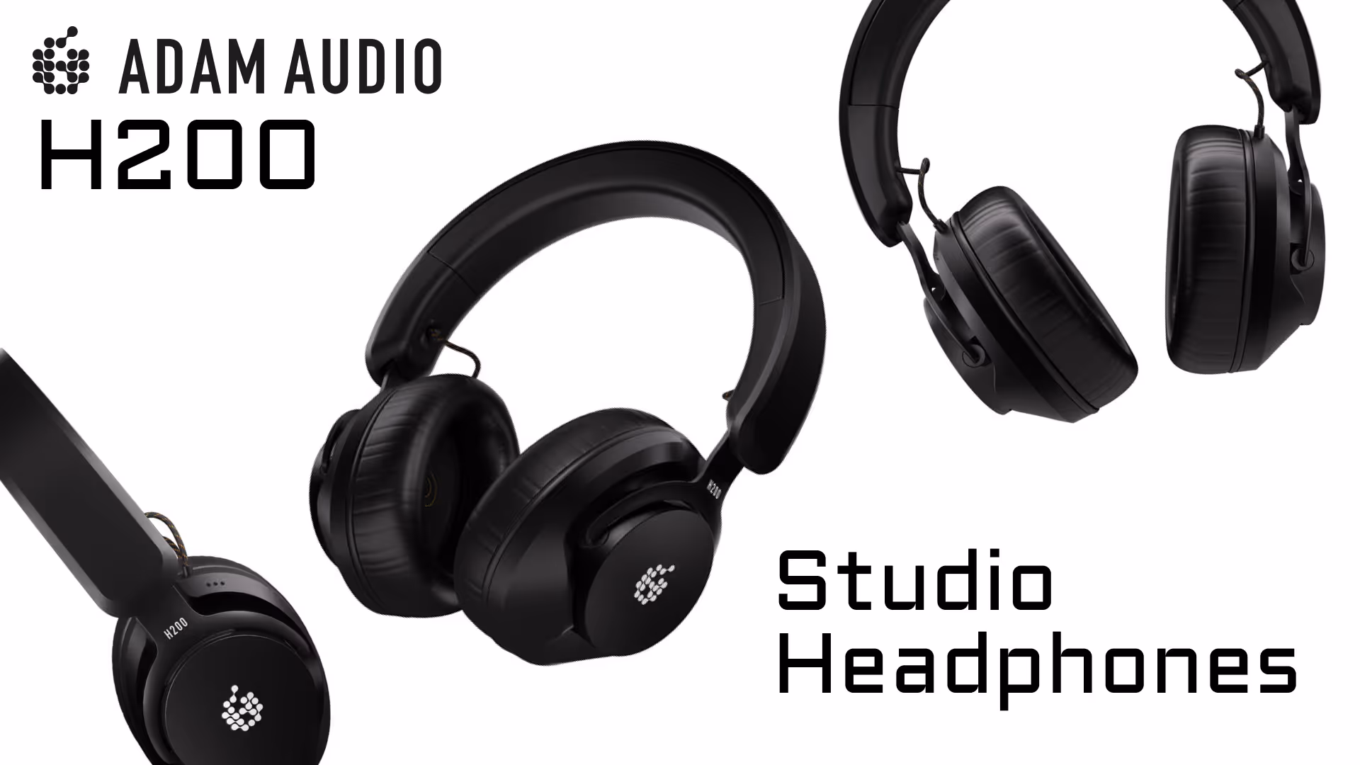 A pair of ADAM Audio H200 headphones twirl whimsically across a white backdrop.