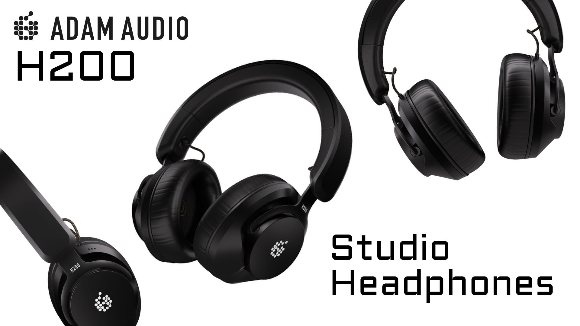 A pair of ADAM Audio H200 headphones twirl whimsically across a white backdrop.