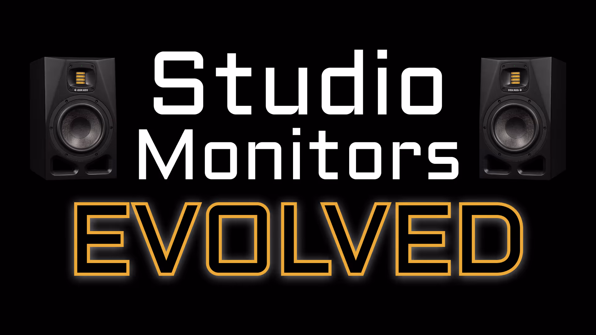 A pair of ADAM Audio A7V reference monitors flank the video's title text.