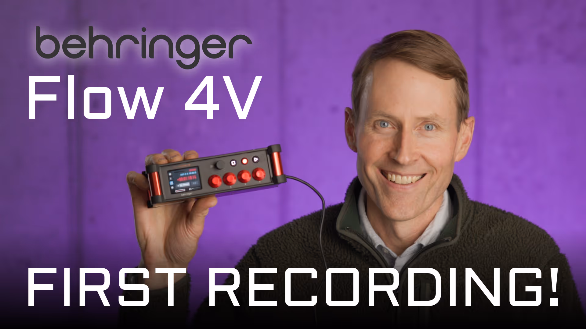 Curtis enthusiastically holds up the new Behringer Flow 4V audio recorder against our signature purple backdrop.