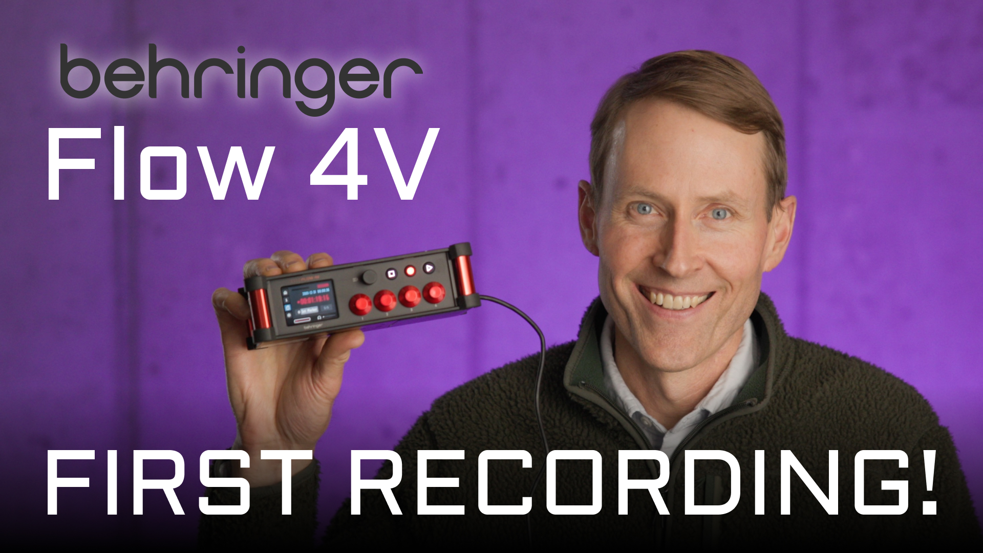 Curtis enthusiastically holds up the new Behringer Flow 4V audio recorder against our signature purple backdrop.