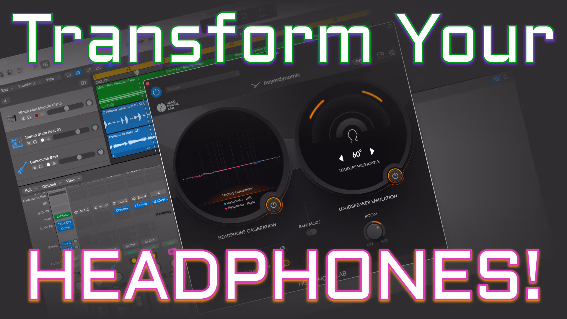 Beyerdynamic's Headphone Lab plugin runs in Logic Pro as a user mixes some music tracks.