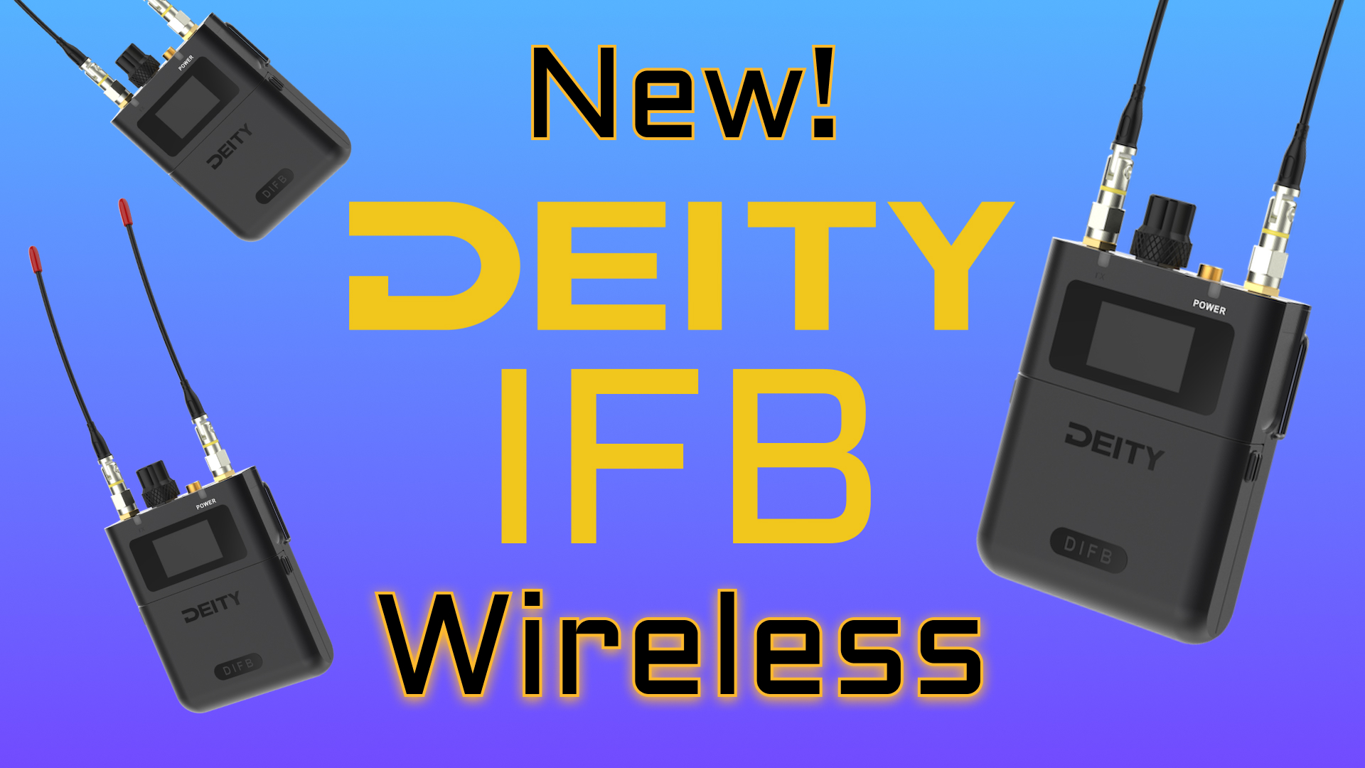 The DEITY DIFB, or HUSH Wireless, system transmitter and receiver are pictured against a gradient backdrop.