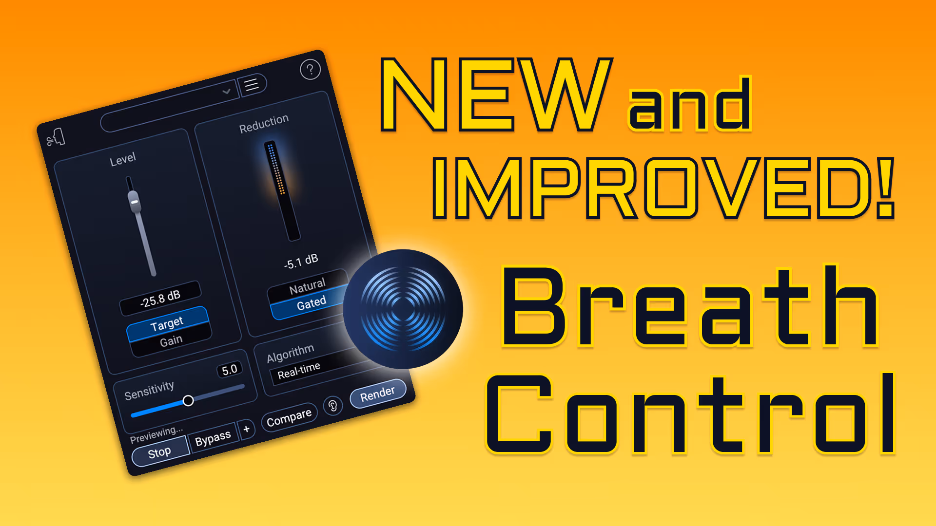 iZotope RX 12's Breath Control plugin and the RX logo rest together on a yellow gradient background.