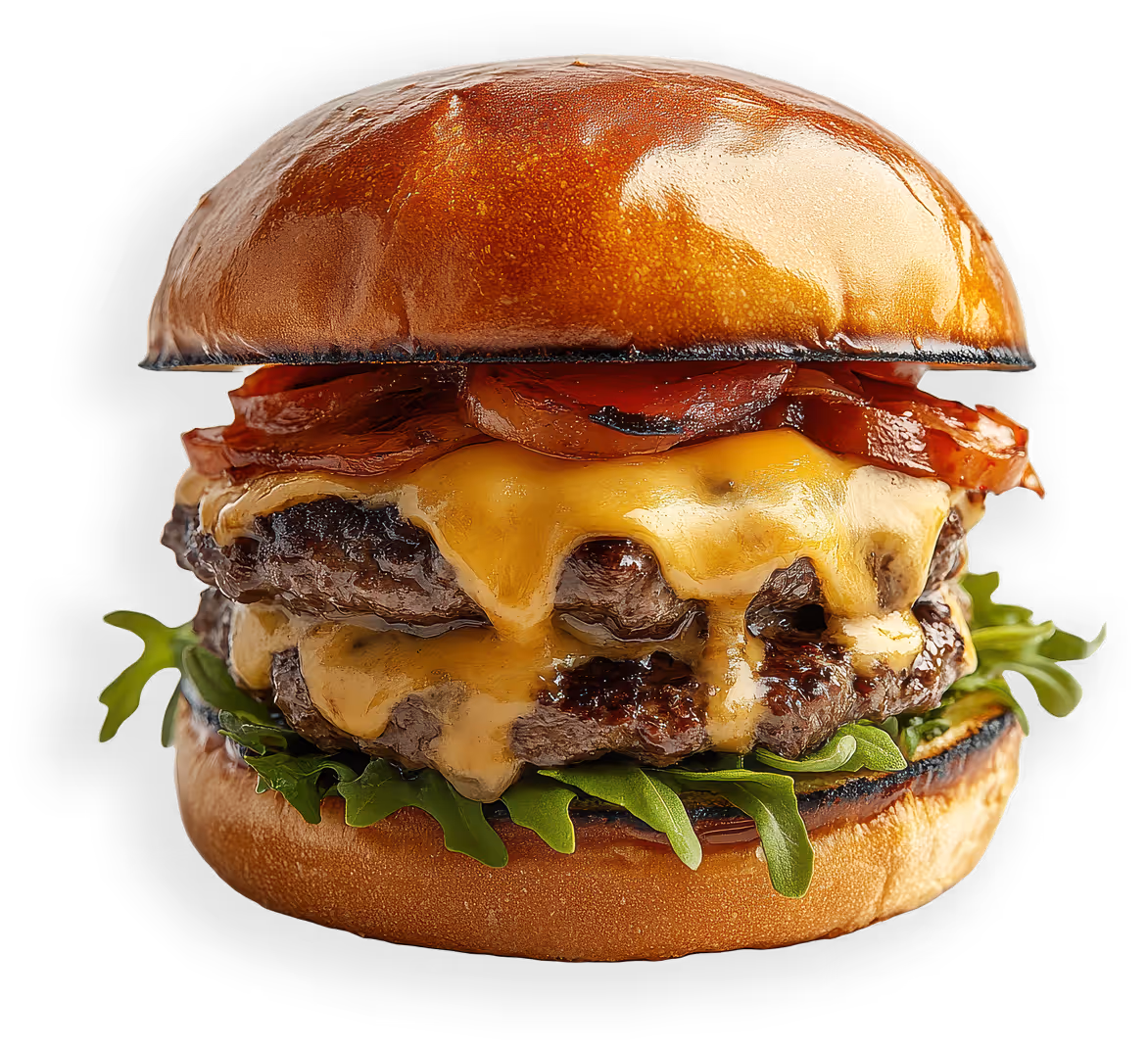 A burger with cheese and bacon.