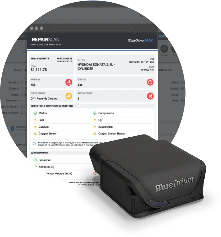 Report screen with a BlueDriver MAX device in front of it.
