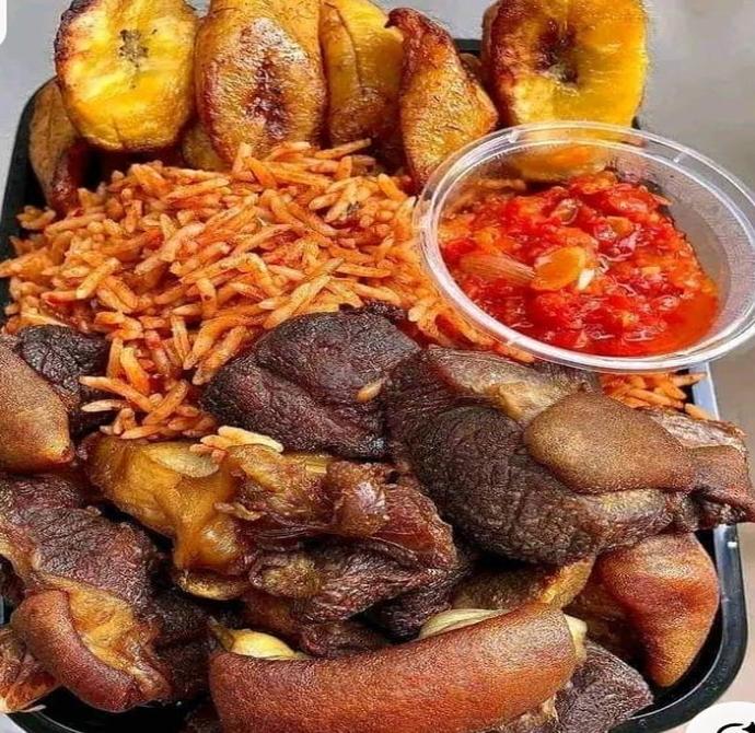 goat meat jollof rice with plantain