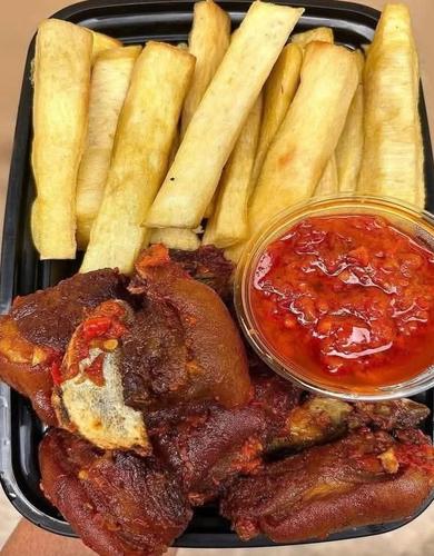 fried yam and goat me with peppered sauce