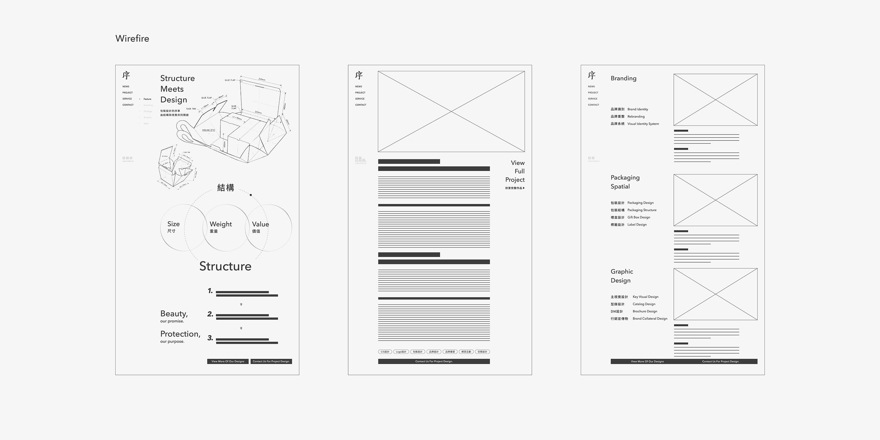 序設計官方網站 Wireframe 與版面構圖規劃,展示網站資訊架構、版面配置與使用者介面設計流程|She Design Works website wireframe and layout planning.