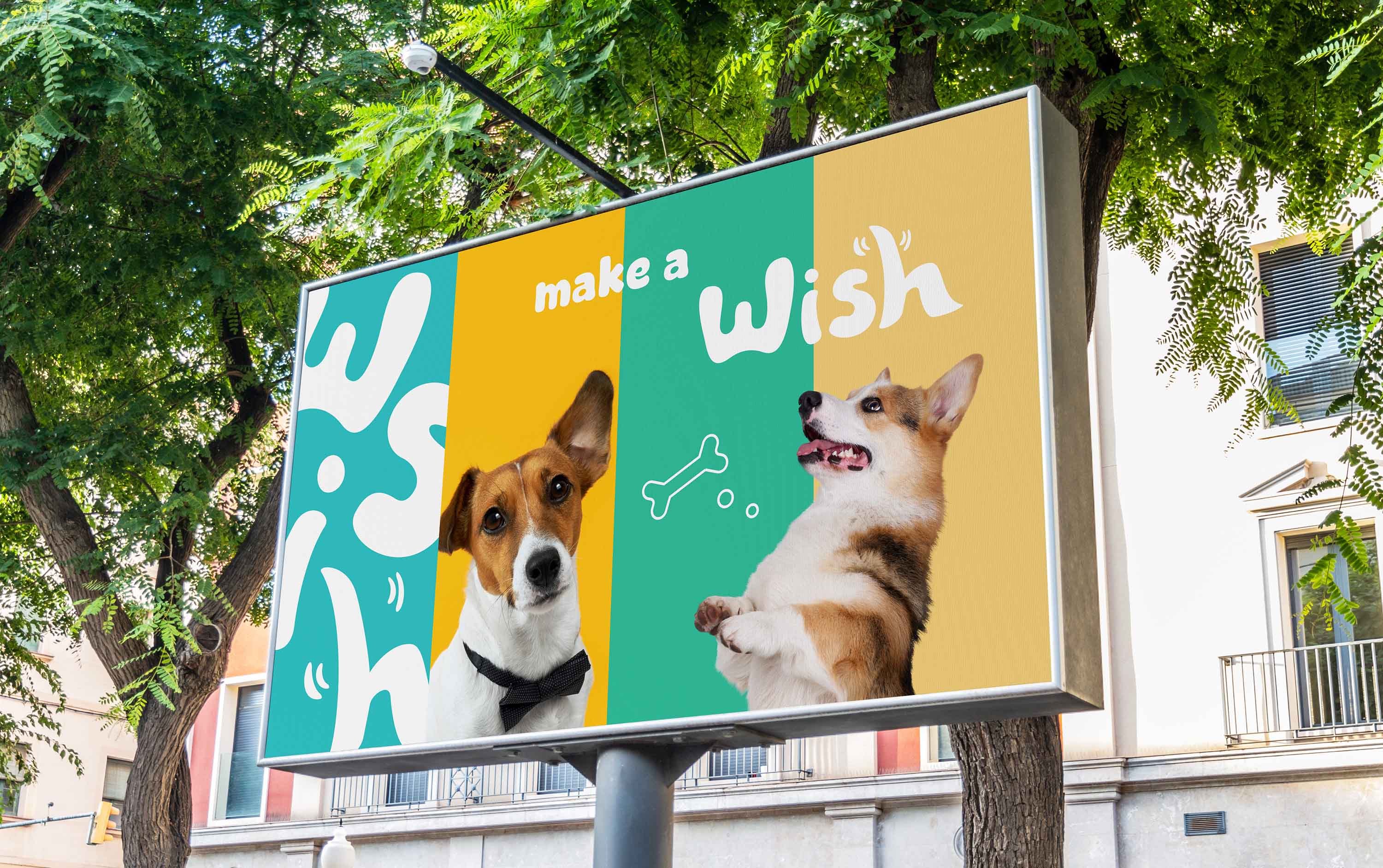Make a Wish 寵物醫療品牌戶外廣告設計,於公車候車亭展示品牌形象與寵物醫療服務內容|Make a Wish veterinary branding campaign displayed on a bus shelter advertising panel.