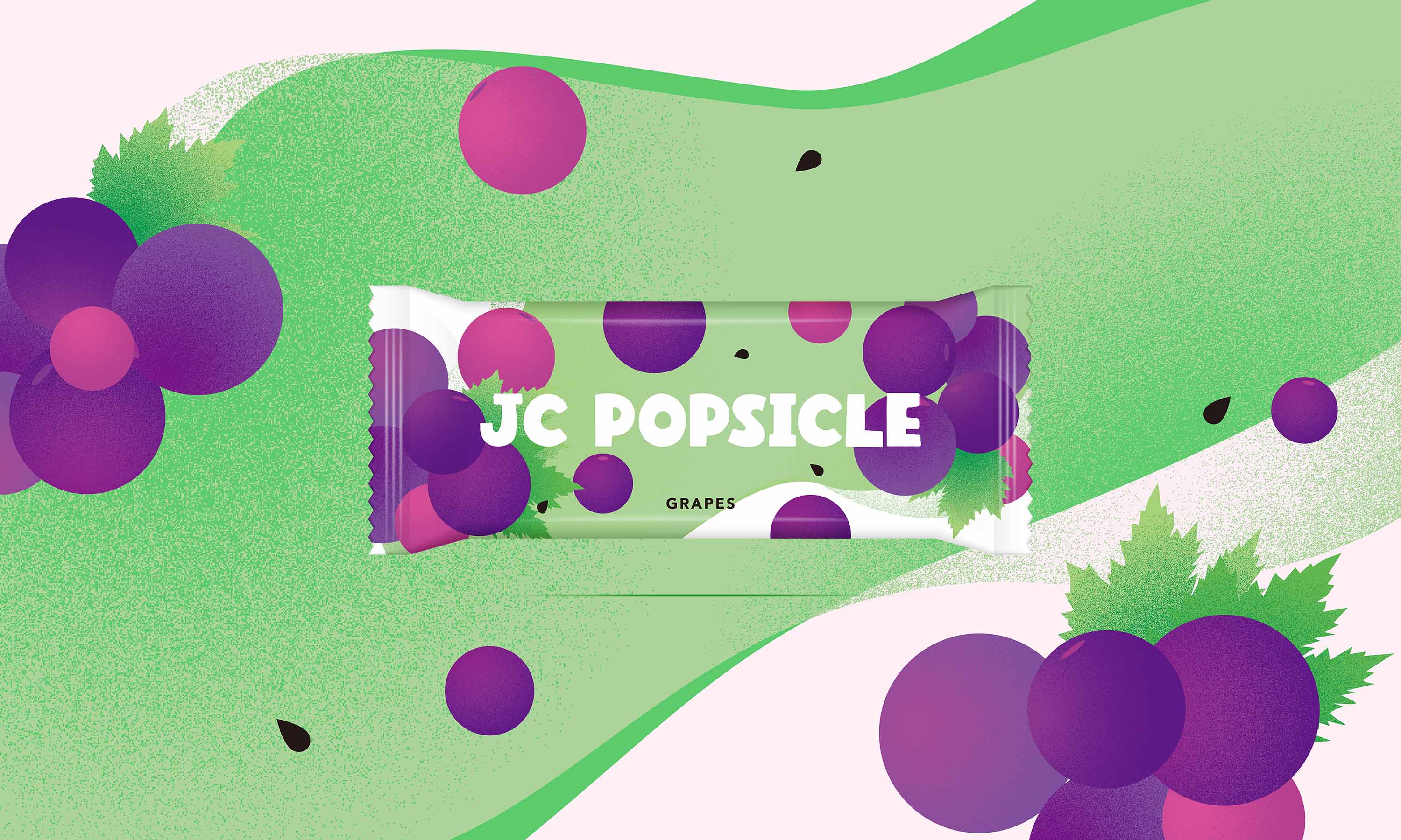 序設計為 JC POPSICLE 打造全新鮮果冰棒包裝設計。以天然果香與夏日沁涼為靈感，結合童趣幾何插畫與亮眼色彩，將葡萄、草莓與檸檬轉化為高識別度的視覺符號，傳遞純粹美好的冰品生活體驗。