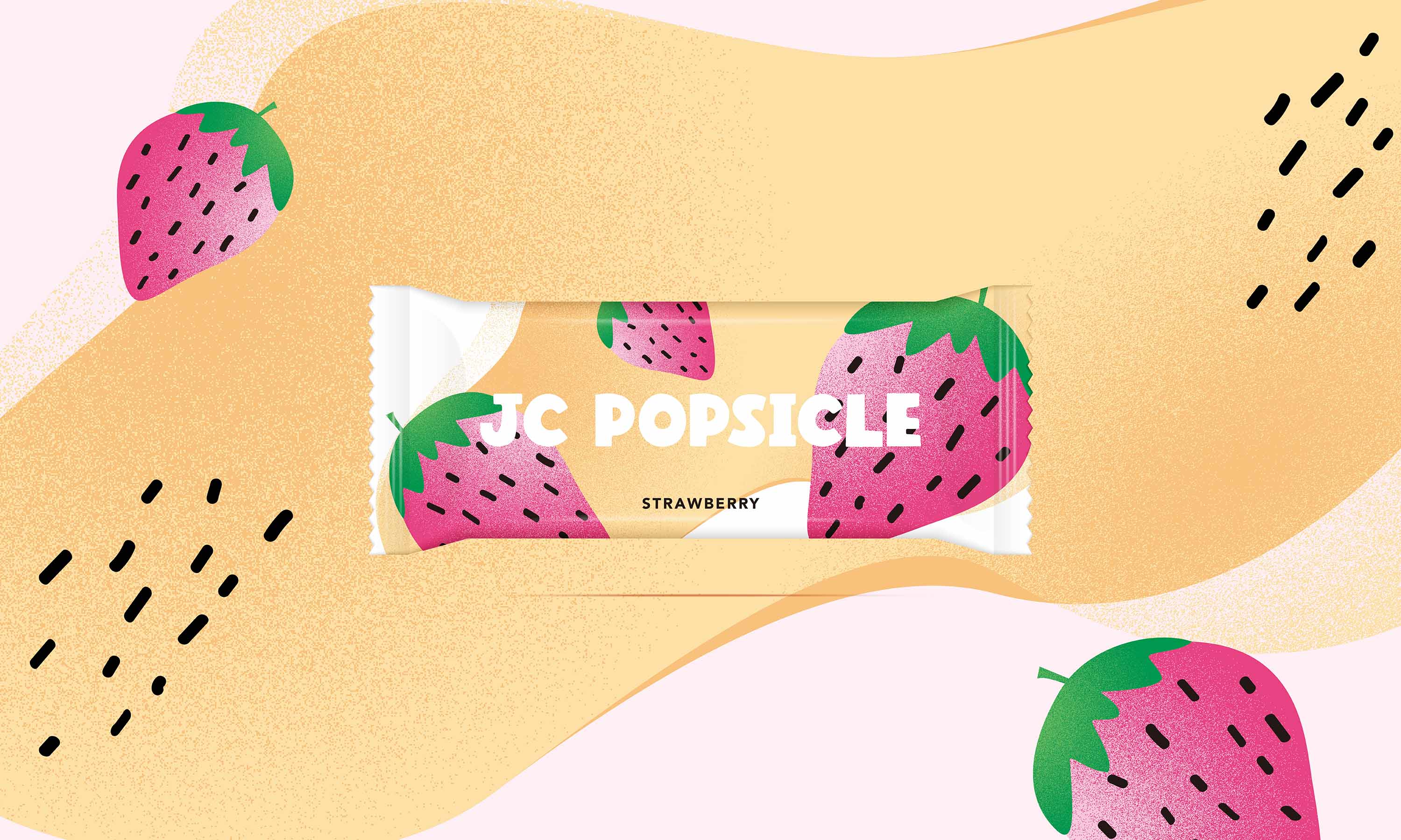 序設計為 JC POPSICLE 打造全新鮮果冰棒包裝設計。以天然果香與夏日沁涼為靈感，結合童趣幾何插畫與亮眼色彩，將葡萄、草莓與檸檬轉化為高識別度的視覺符號，傳遞純粹美好的冰品生活體驗。