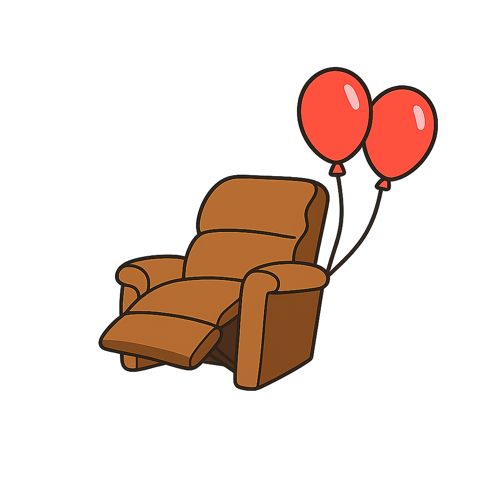 An image of a recliner with party balloons attached to it.