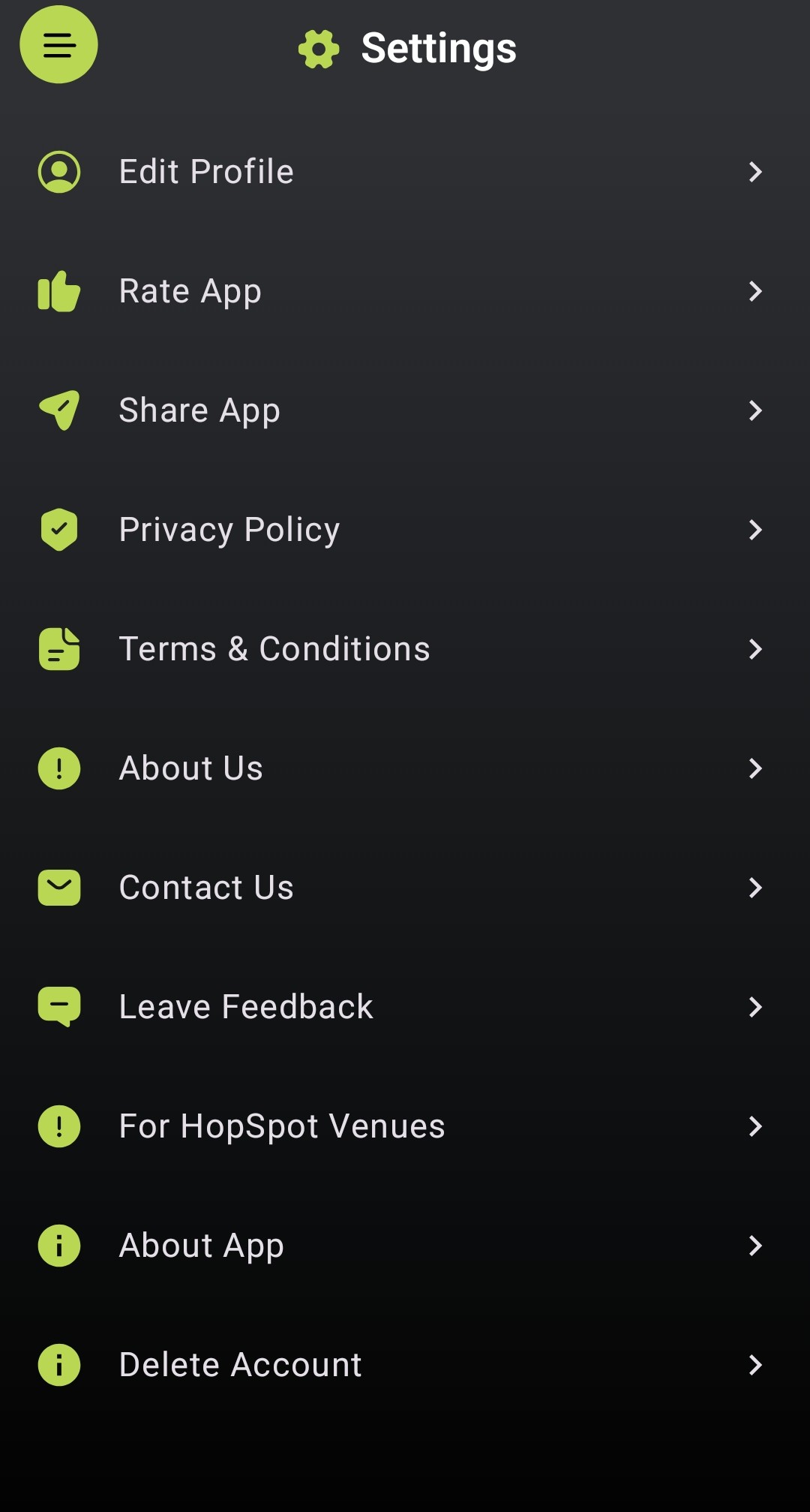 Screenshot of the HopSpot in-app setting menu. Delete account is located at the bottom of the menu.