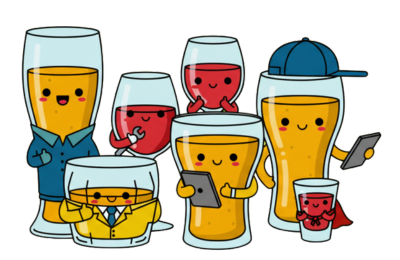 An assortment of alcoholic drinks as characters