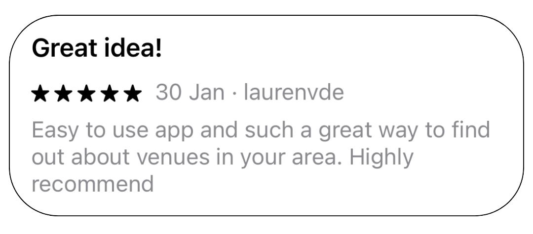 A 5 star App Store review noting that HopSpot is easy to use and a great way to find out about venues in your area.