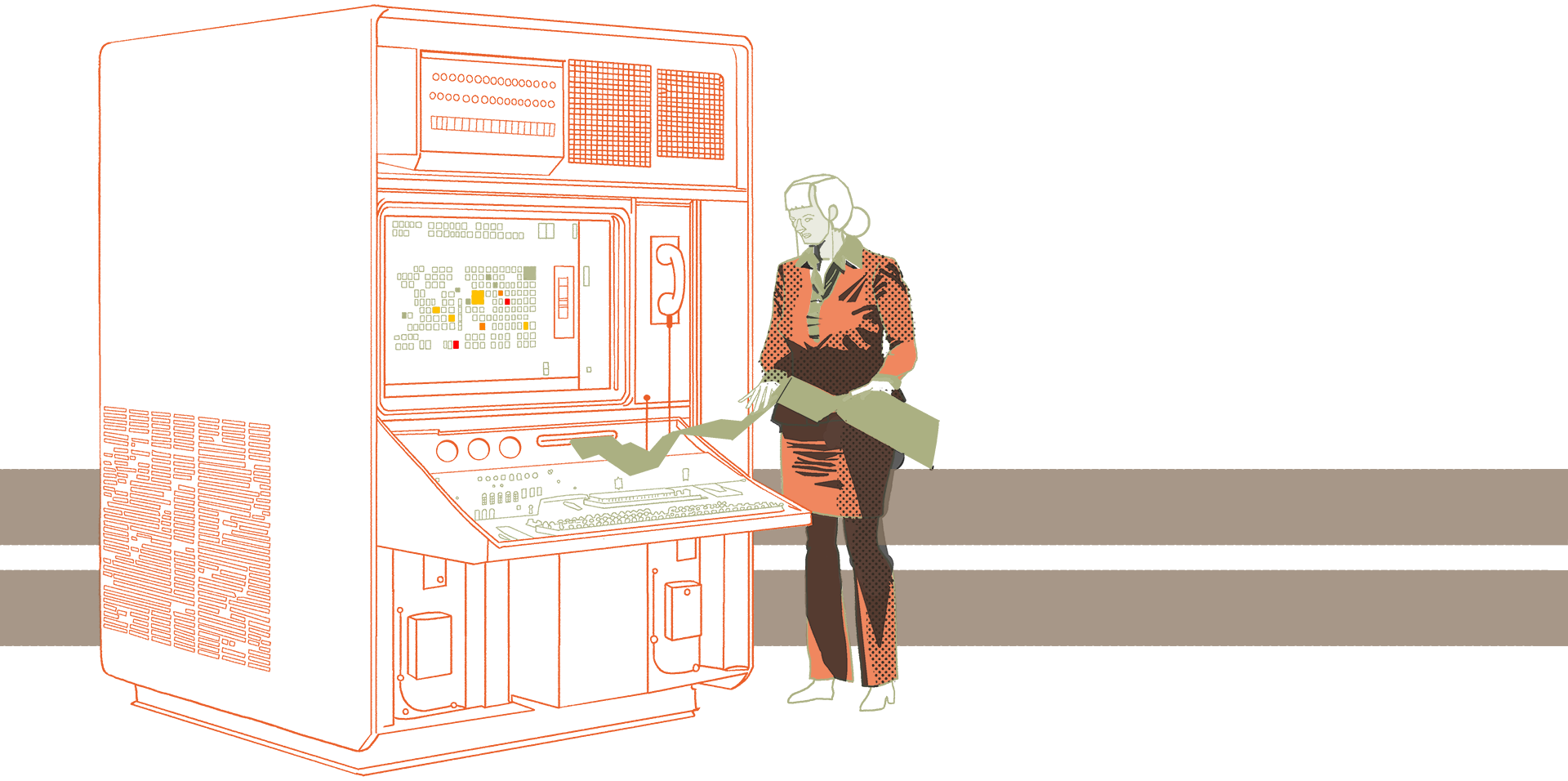 A young woman dressed in 1960's fashion is monitoring resutls from a mainframe computer.