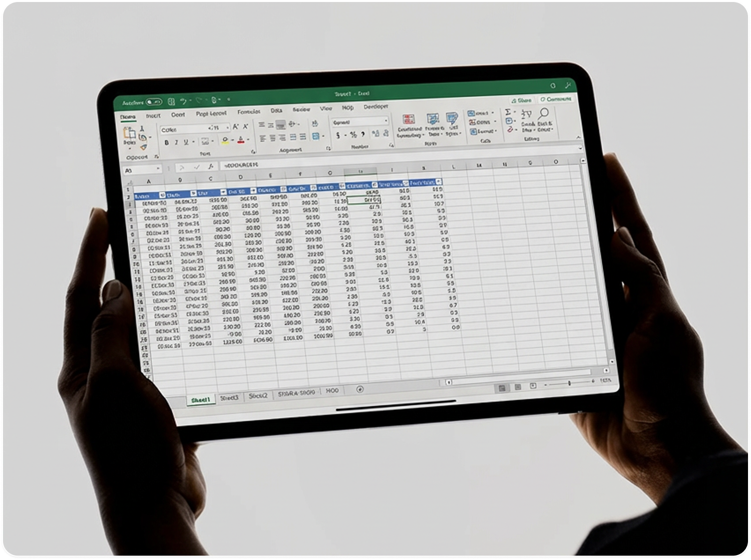 A silhouetted person holds a tablet displaying a document with text and an image of a building, set against a vivid red background.