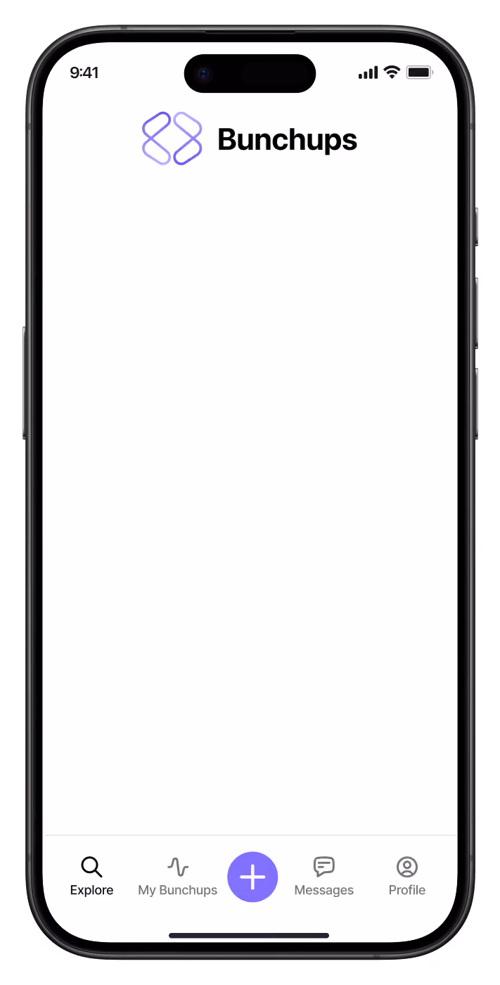Smartphone mockup displaying the Bunchups app interface with colorful user profiles and chat features visible on the screen.