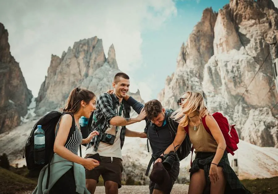Friends laughing on a hike