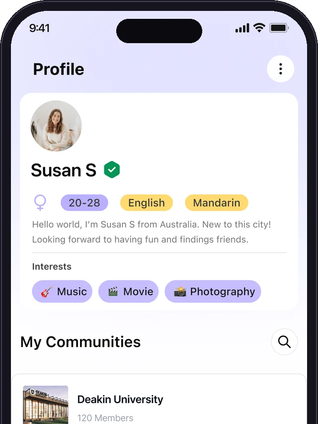 Bunchups app profile showing a member's interests: music, movies and photography