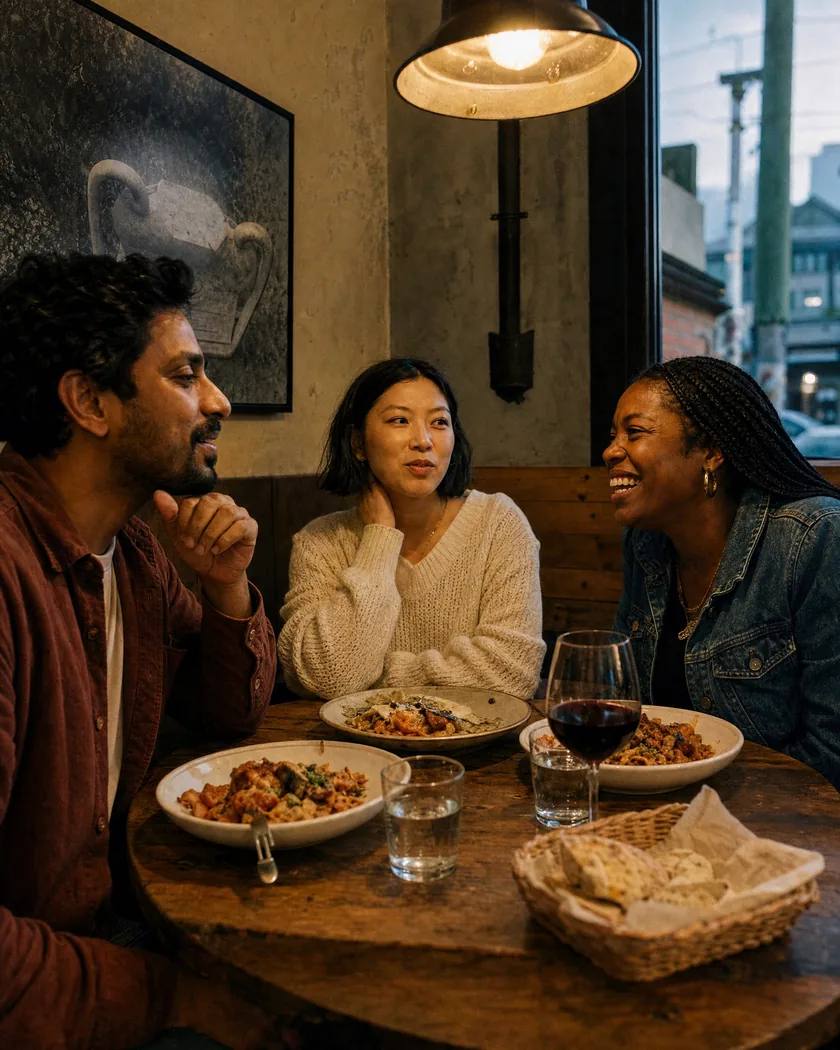 Three friends sharing dinner