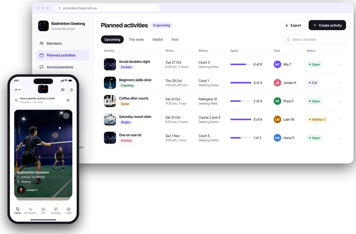 Bunchups Community Portal showing planned activities for a badminton club on desktop and in the app