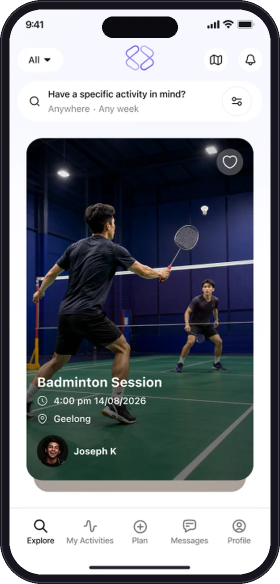 Bunchups app showing a badminton session nearby