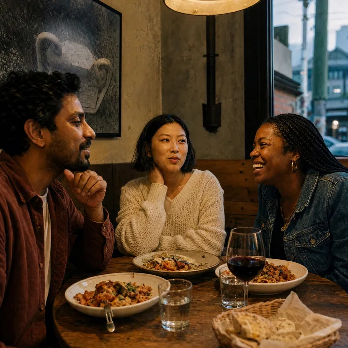 Three friends sharing dinner