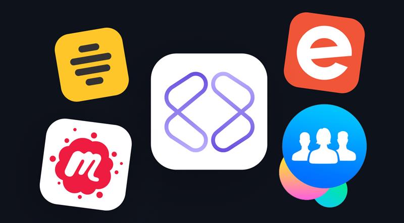 Logos of top apps and group organization platforms including Eventbrite, Meetup, Facebook Groups, and others displayed around a central logo on a dark background.
