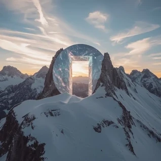 Circular gate with portal nestled in the mountains