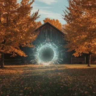 Circular portal in front of a barn during autumn
