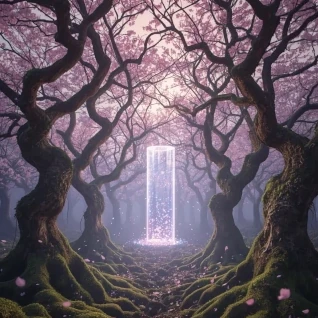 Narrow portal in a forest with pink flowers