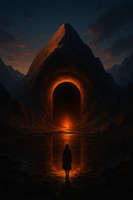 Person standing in front of red portal in the mountain