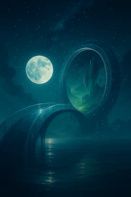 Moonlit bridge to a circular portal