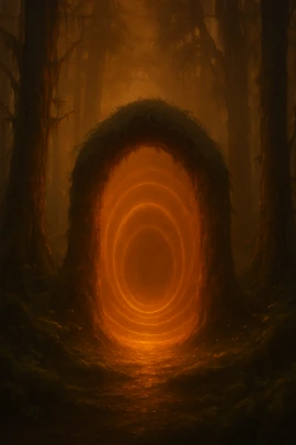 Reddish portal hidden within the woods