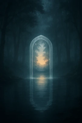 Light portal with a reflection on a lake in a forest