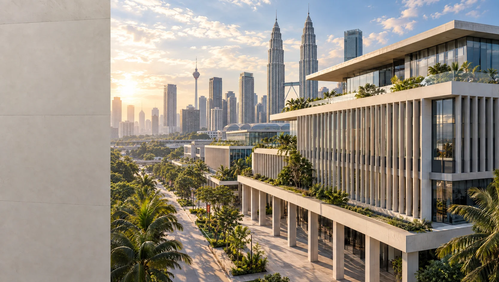 Architectural concept of a tropical commercial district at sunrise