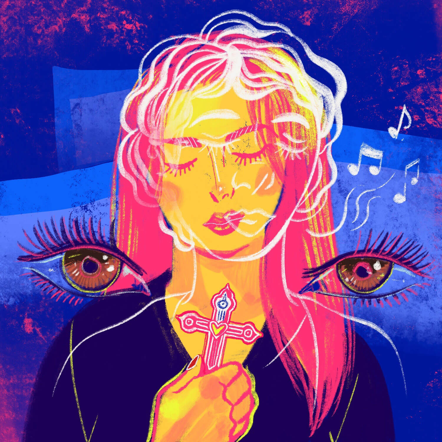 An illustration of the author holding a cross; their eyes closed in prayer