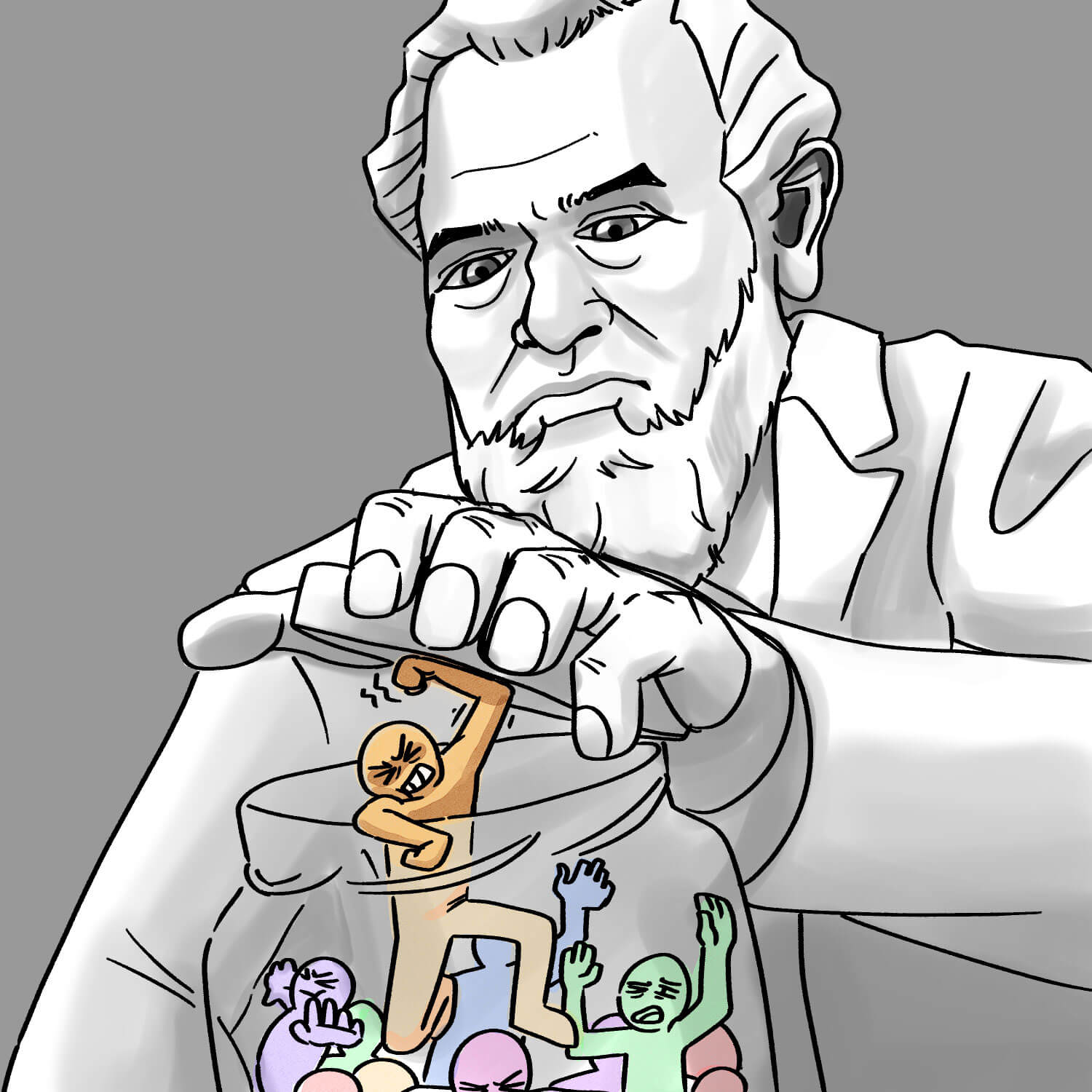 An illustration of a white man stuffing colored people into a jar.