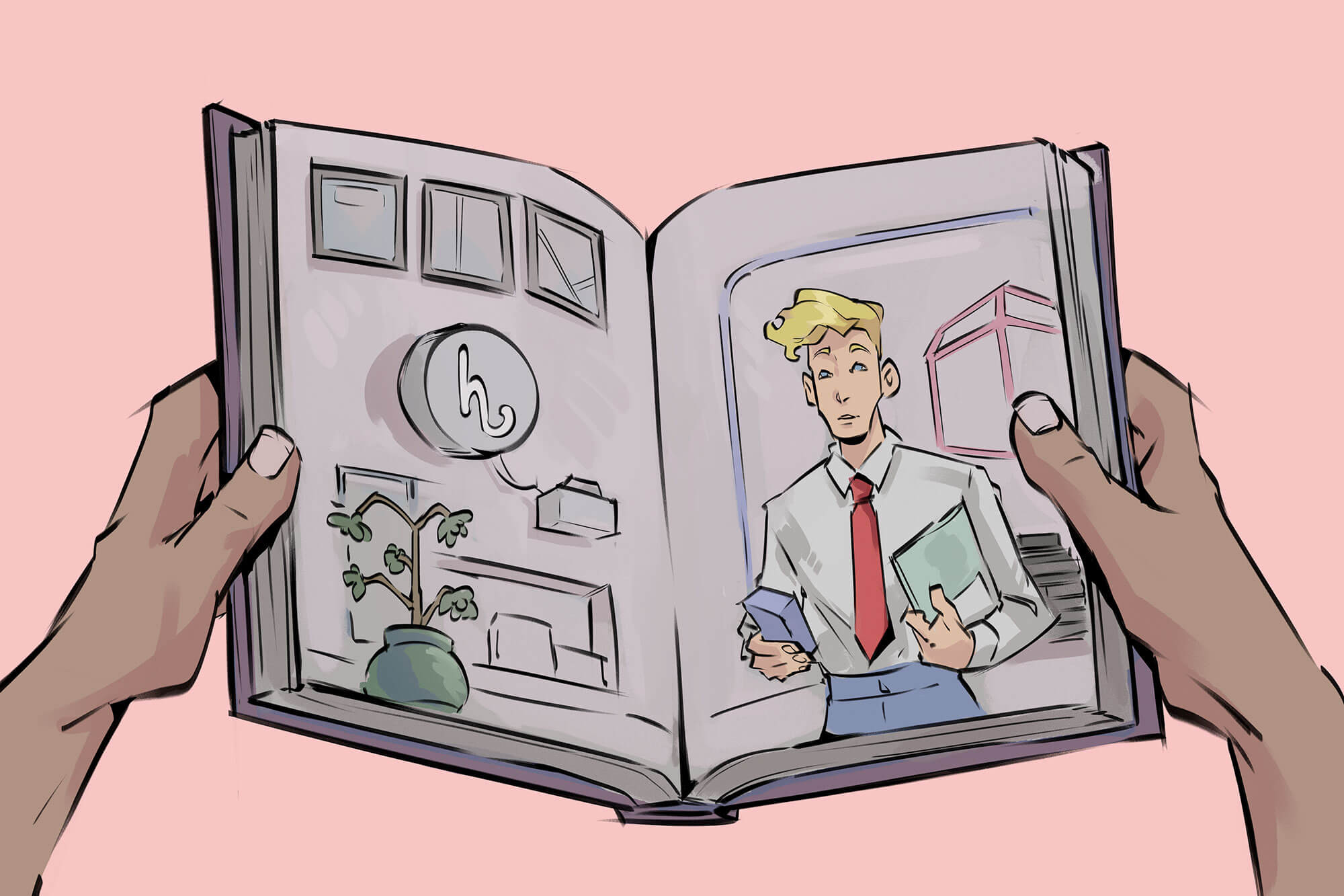 An open book with a white Caucasian man in an office setting