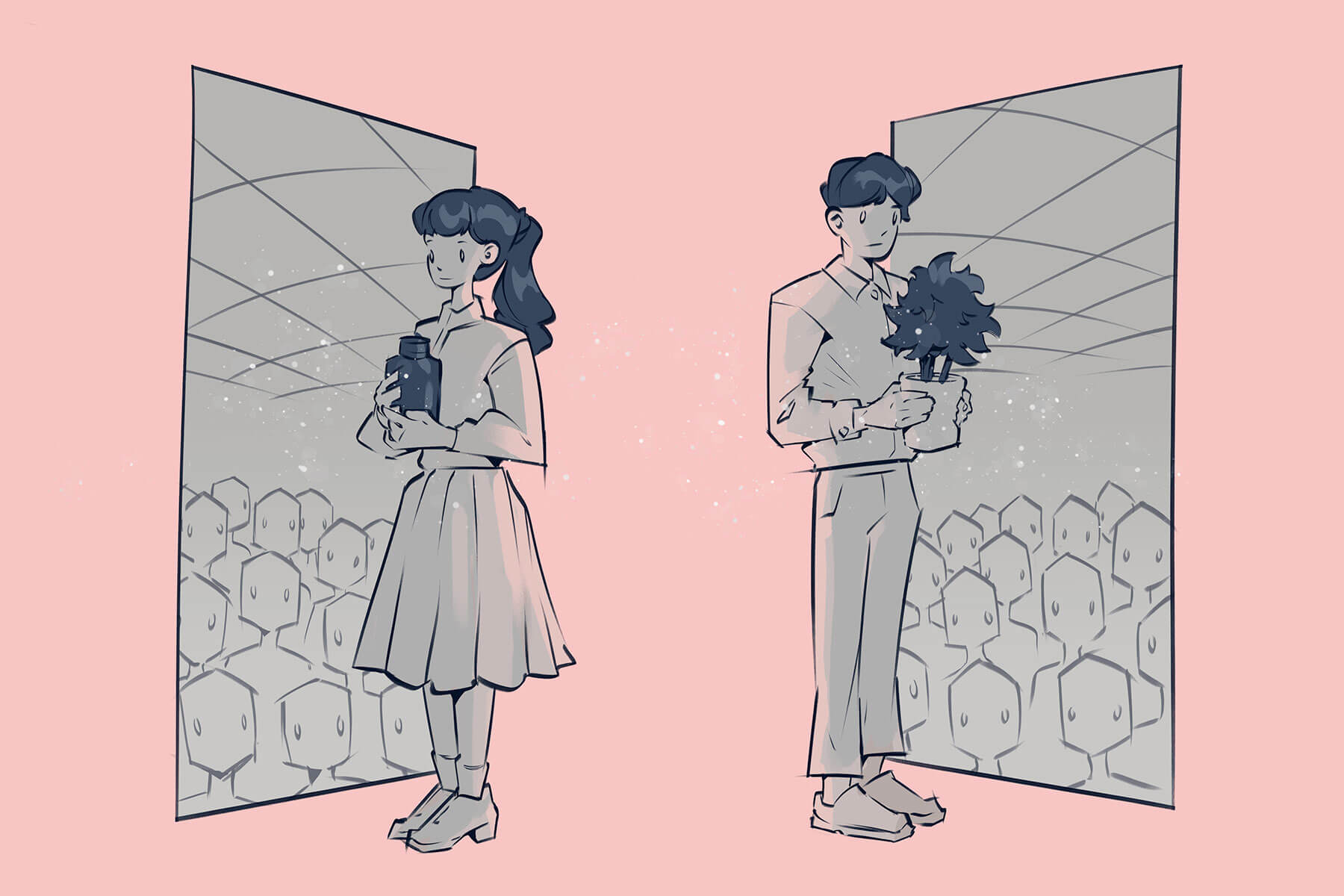 A couple, the woman holding a jar and the man holding a plant, stand apart as they face windows of an audiencde.