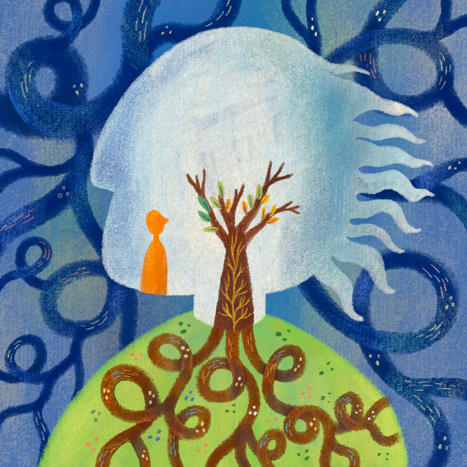 Abstract illustration of a person's head; the interior shows a person admiring a tree's leaves