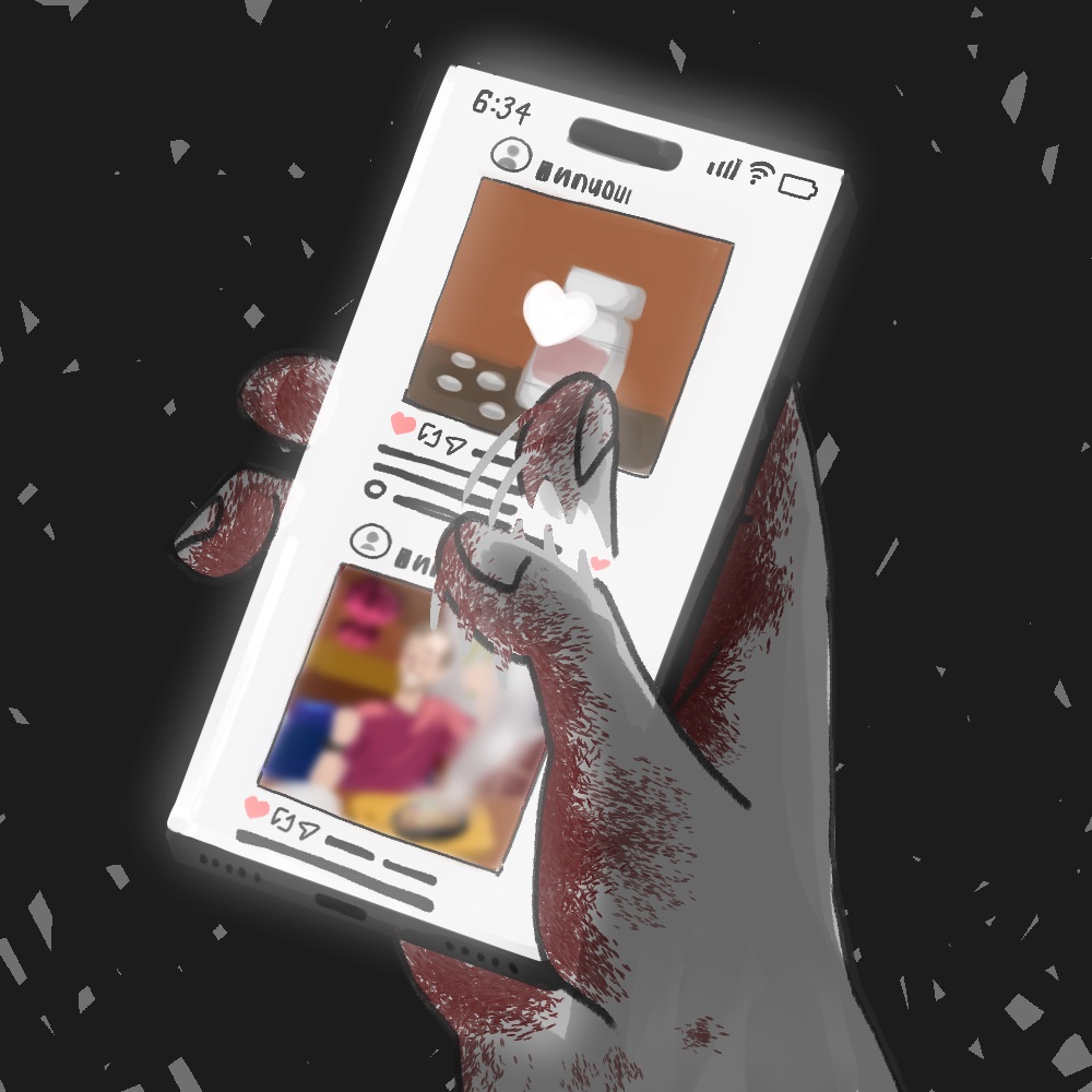 A hand holds a smartphone; the fingers are quickly scrolling through posts about pharmaceuticals and food.