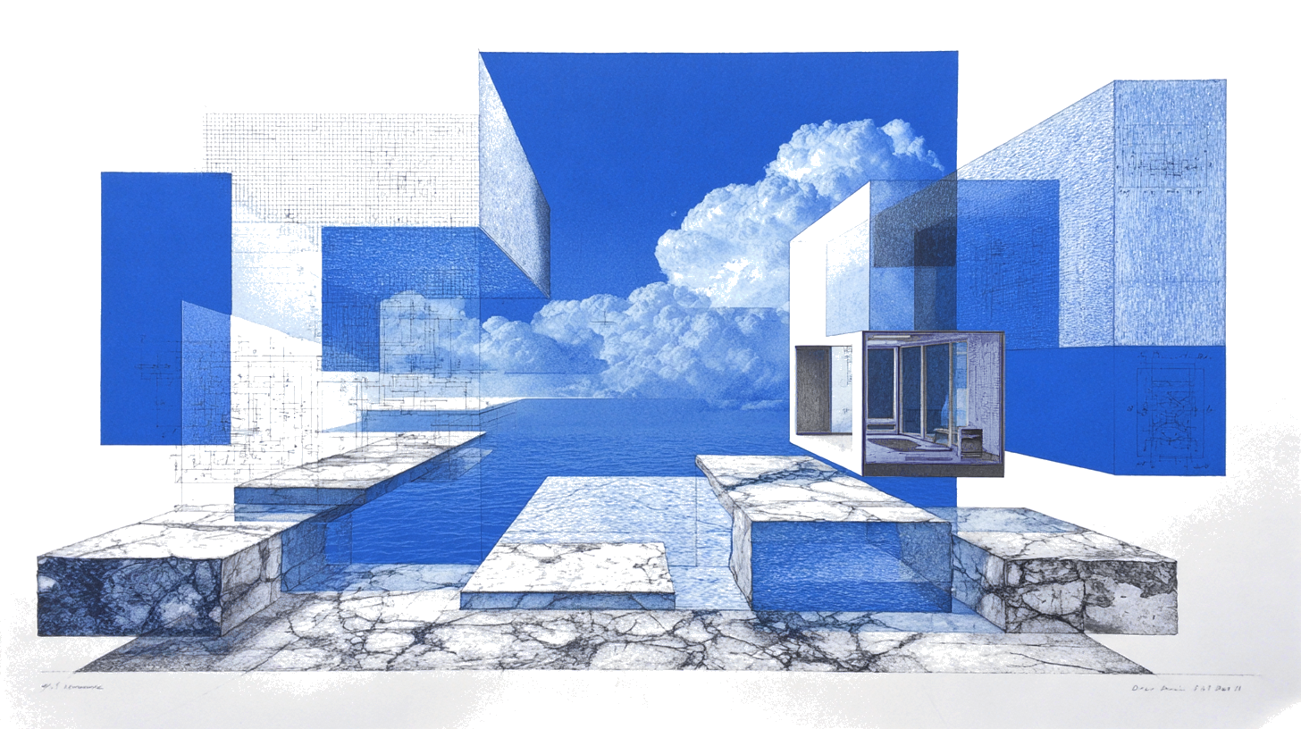 Abstract geometrische illustratie met blauwdruklijnen en bouwrasters in diep indigo en houtskool bij artikel over wat een aanbesteding is