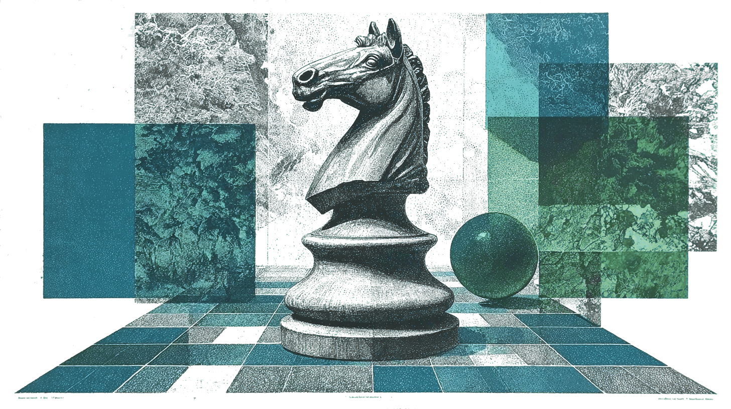 Strategisch schaakpaard op hexagonaal grid, risograph stijl in forest green en donker teal